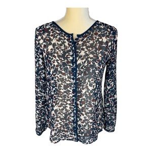 Loft Sheer Floral Button Front Blouse‎ Top Navy Burgundy Size Small petite